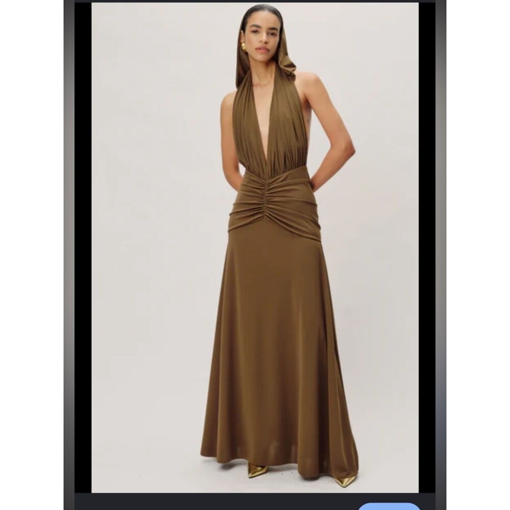Ronny Kobo hunter dress fern green plunge hooded maxi ruched evening gown XS